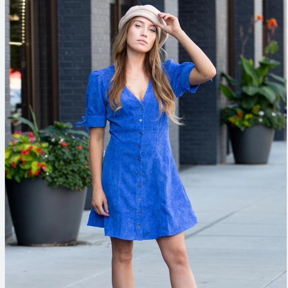 Day+Moon Sweetheart Blue Corduroy Button up Mini  Dress Size Medium - Picture 2 of 15